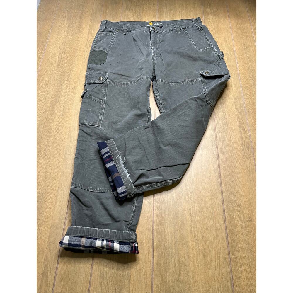 Vintage Carhartt Green Ripstop Cargo Double Knee flannel-lined Actual Sz 38x30